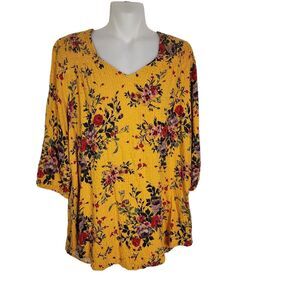 Torrid Womens Tunic Top Sz 2X Crinkle Gauze Smocked Floral Mustard Floral V Neck